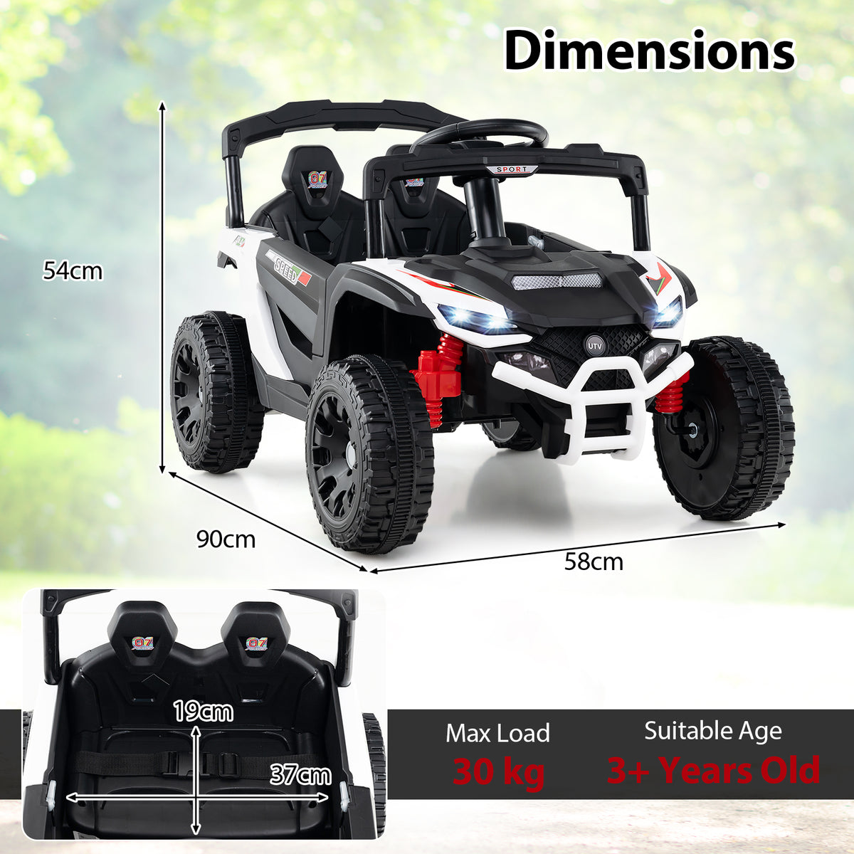 Dimensions diagram showing a white kids electric UTV with measurements and load capacity