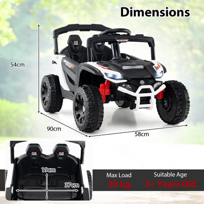Dimensions diagram showing a white kids electric UTV with measurements and load capacity