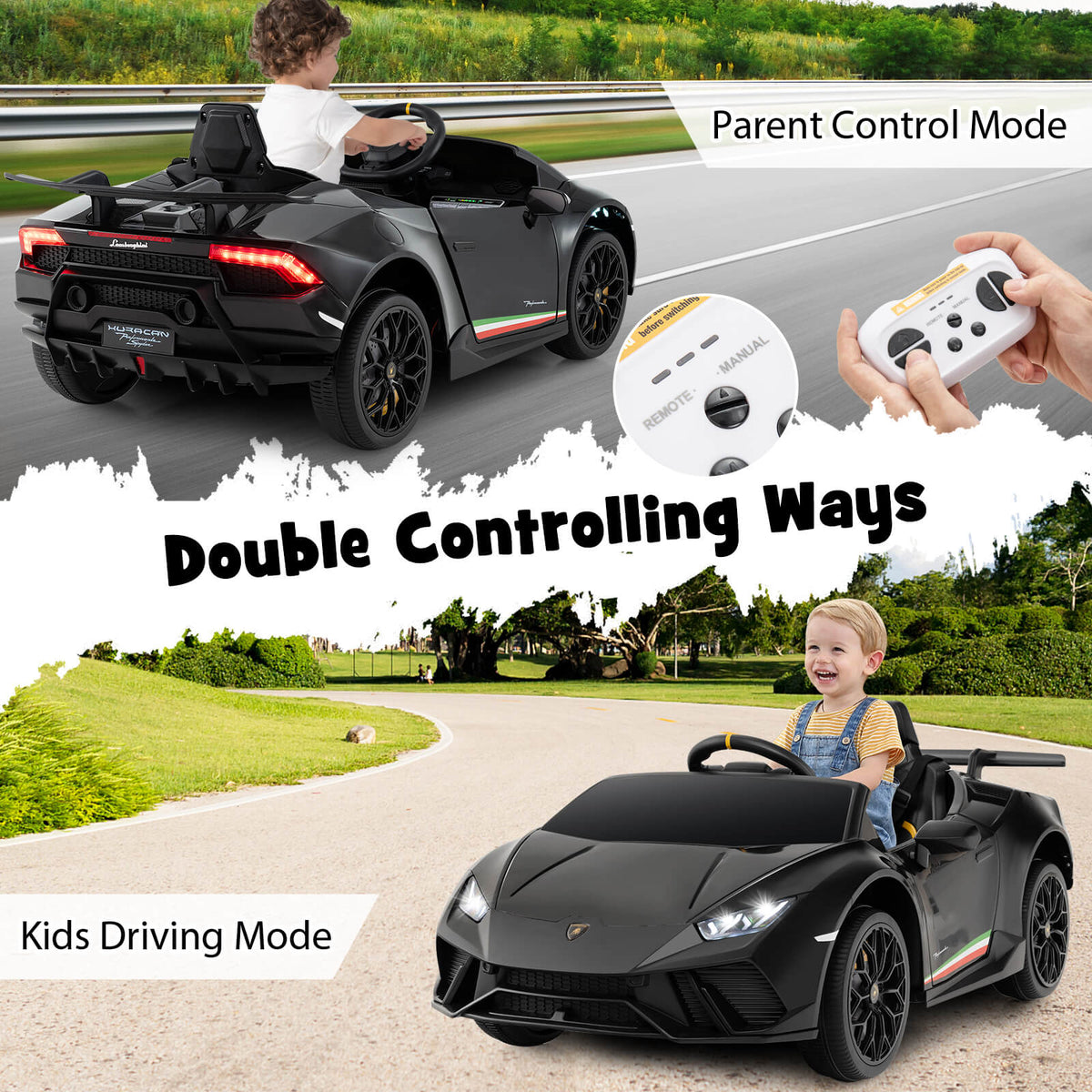 Two ways to control the black kids electric car: parent remote and child driving