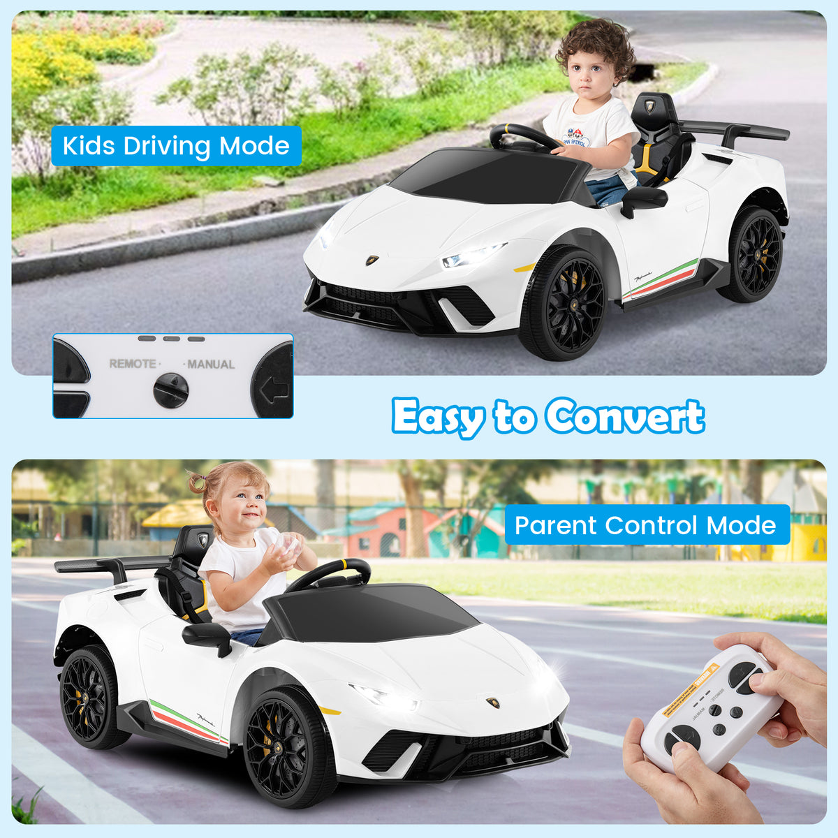Kids electric car Lamborghini shown in kids driving mode and parent control mode