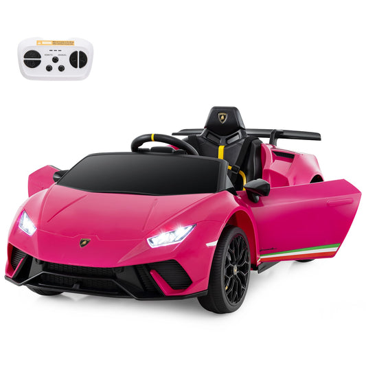12V Kids Ride on Car Lamborghini in pink with an open door and a remote control unit