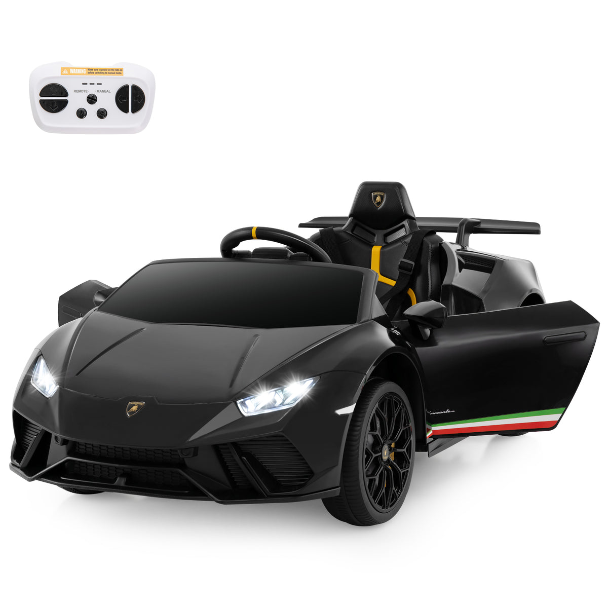 12V Kids Ride on Car Lamborghini in black with doors open and remote control on dashboard