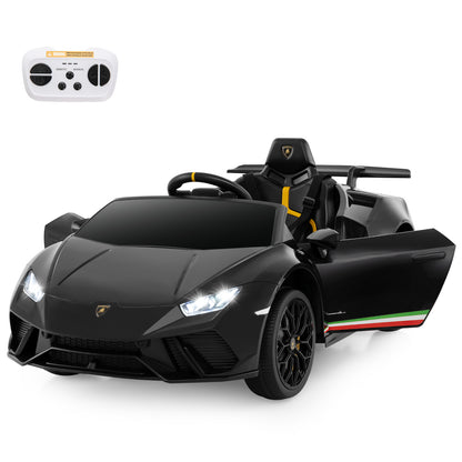 12V Kids Ride on Car Lamborghini in black with doors open and remote control on dashboard