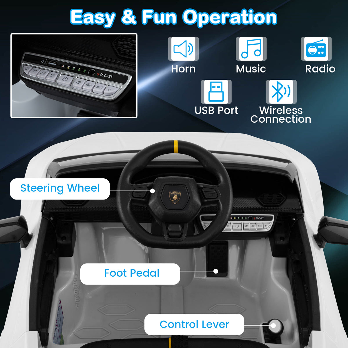 Close up of the steering wheel, foot pedal and control lever inside the kids electric car