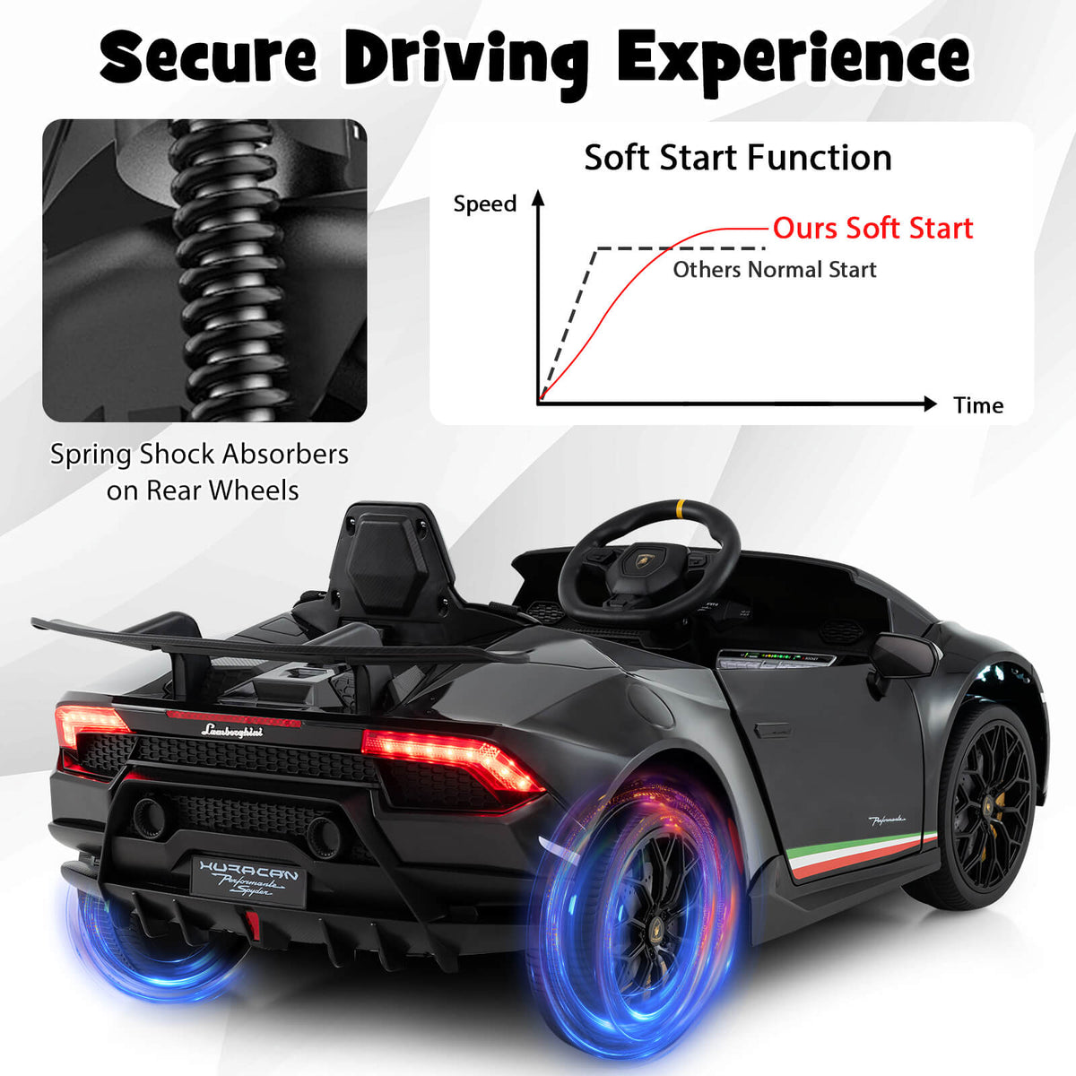 Rear view of the black kids electric car with illuminated LED lights and spring shock absorbers
