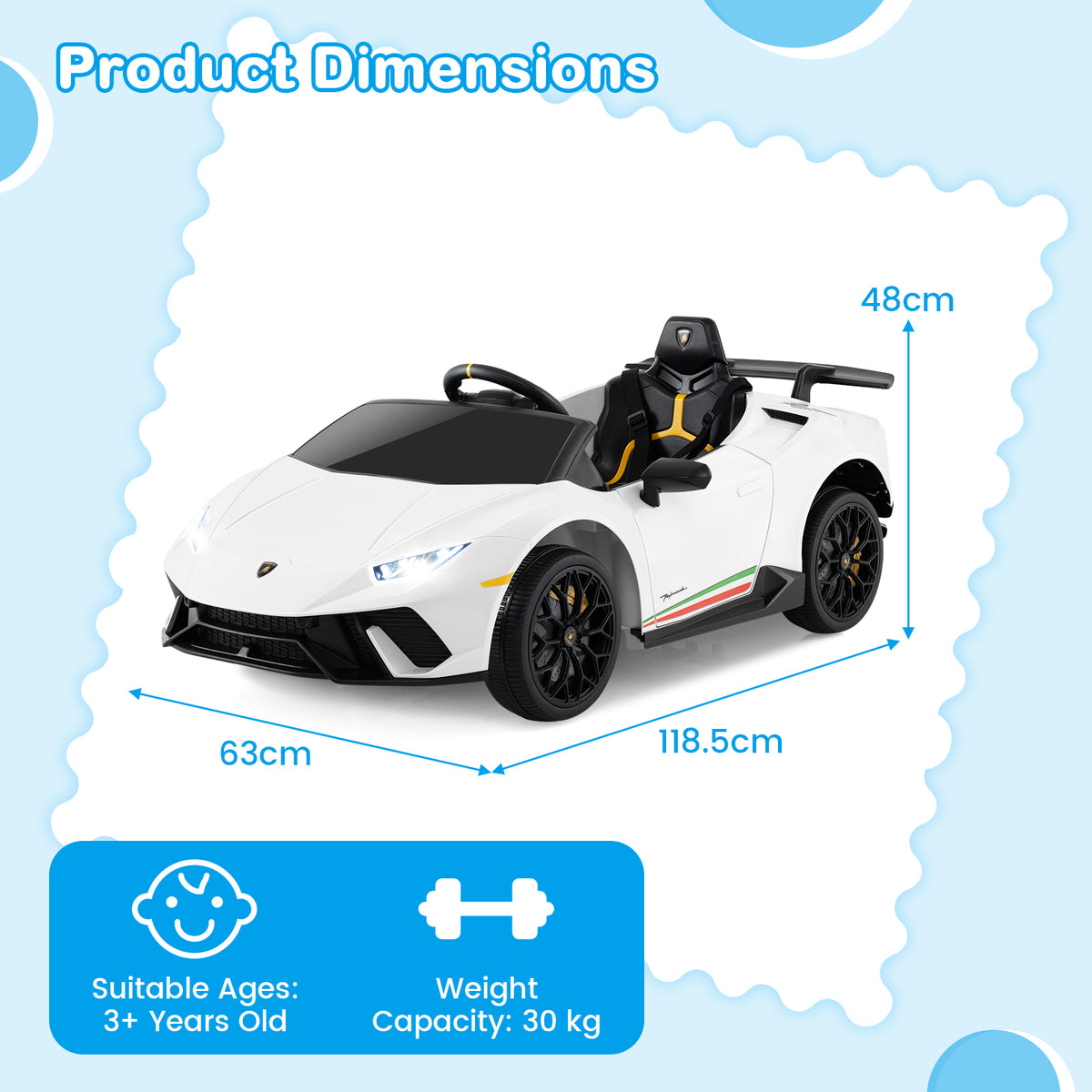 Product dimensions for the white kids electric car Lamborghini
