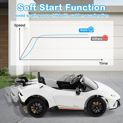 The white kids electric car Lamborghini shows a soft start function graph comparing speed over time