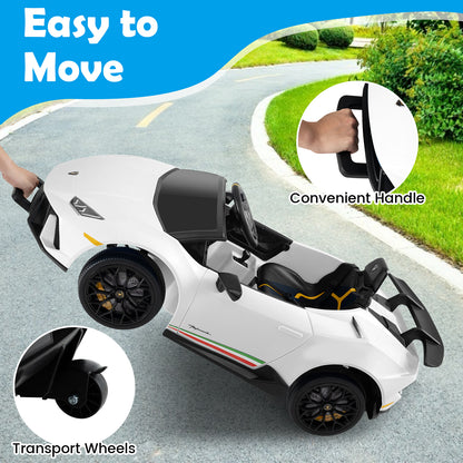 White kids electric car Lamborghini with transport wheels and a convenient handle