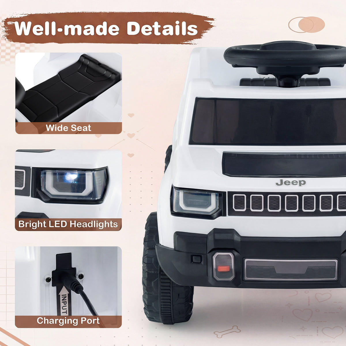 Close up of the white electric jeep car showing the charging port and LED headlights