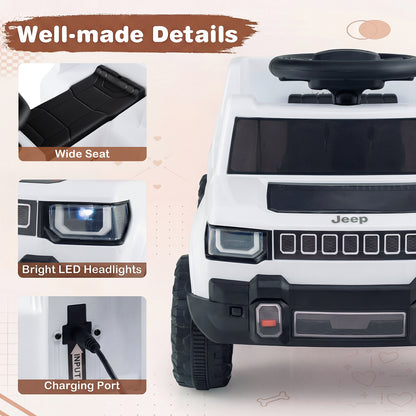 Close up of the white electric jeep car showing the charging port and LED headlights