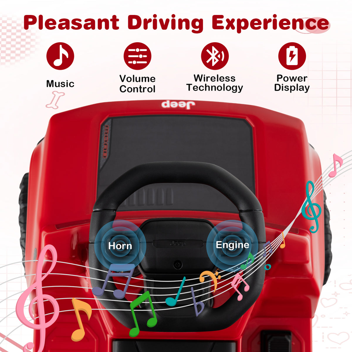 Dashboard of the red kids electric car with steering wheel, horn and engine buttons