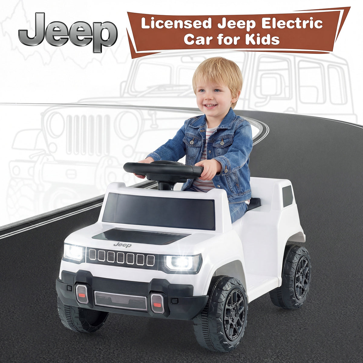 Licensed Jeep electric car for kids in white with a child at the wheel