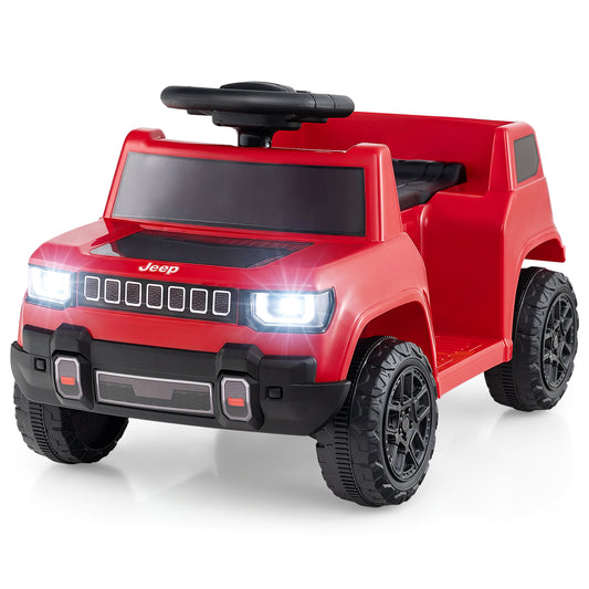 12V Kids Ride On Car Licensed Jeep Electric Vehicle in red, front view with LED lights on