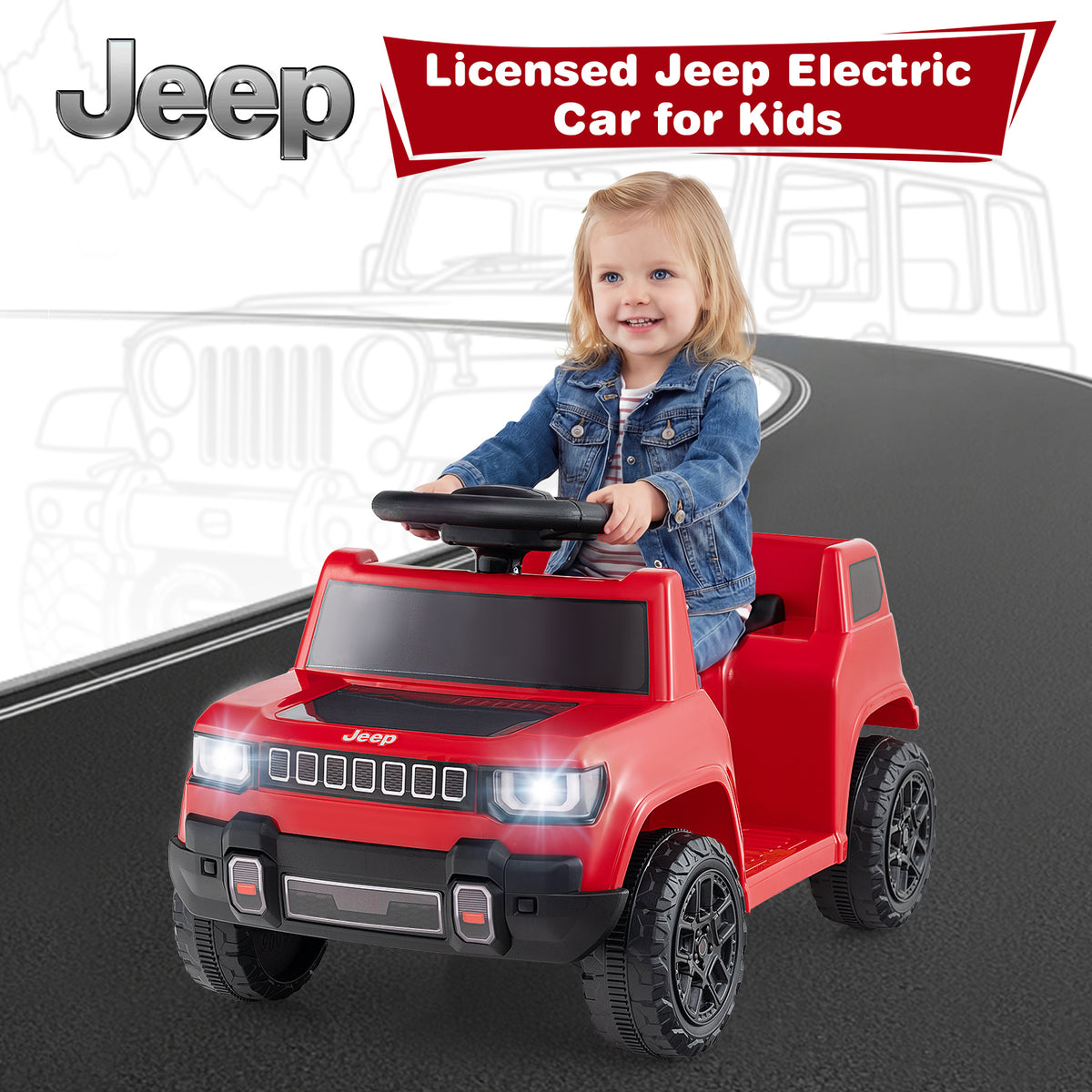 A young girl sits in the red licensed Jeep electric car for kids, with graphics overlay