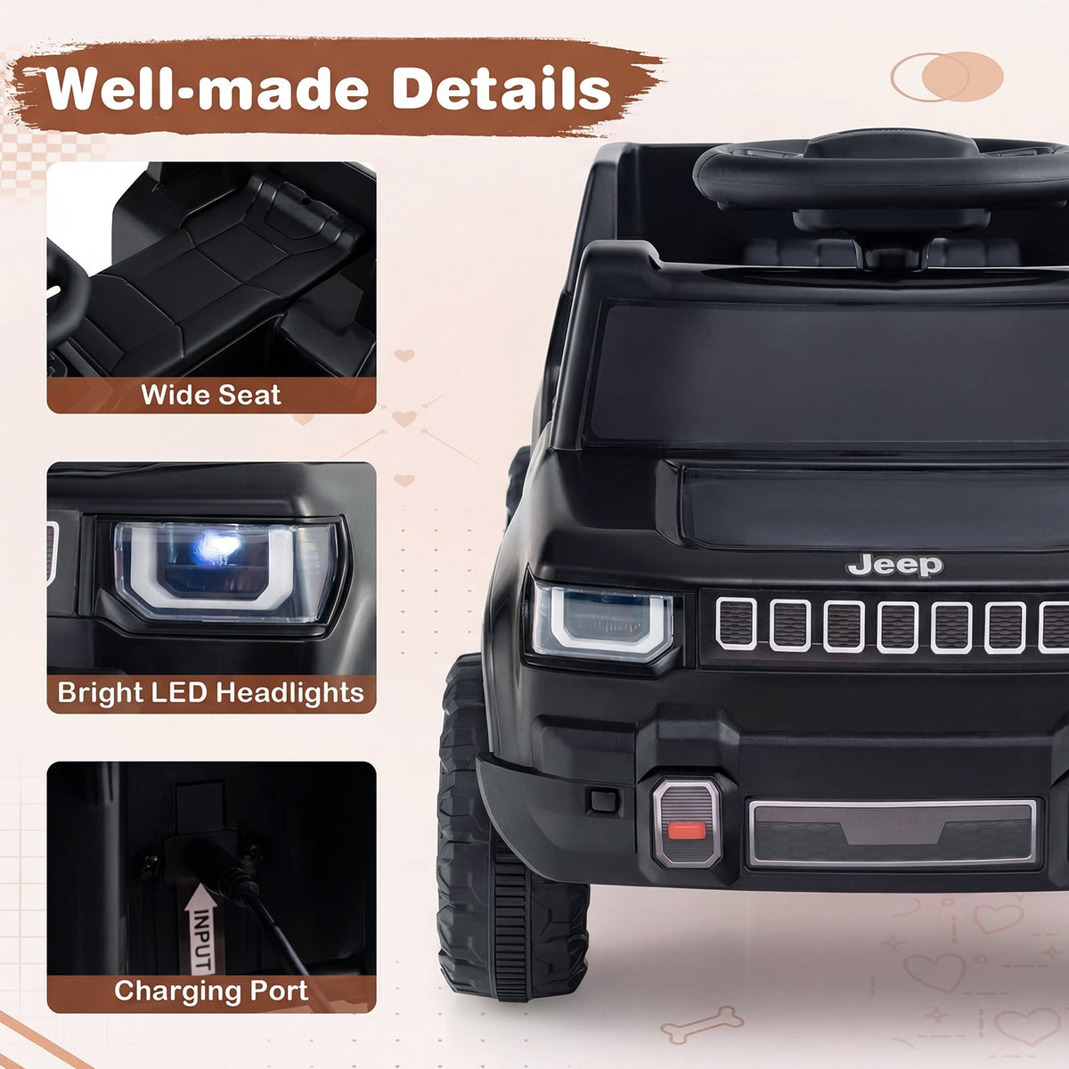 Close up of the black electric jeep showing seat, headlights and charging port