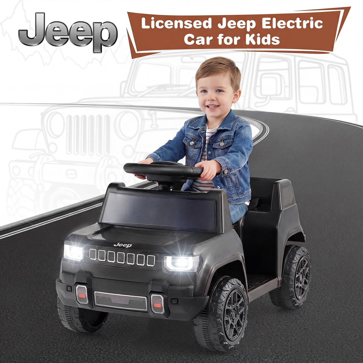 Black licensed Jeep electric car for kids with a child at the wheel