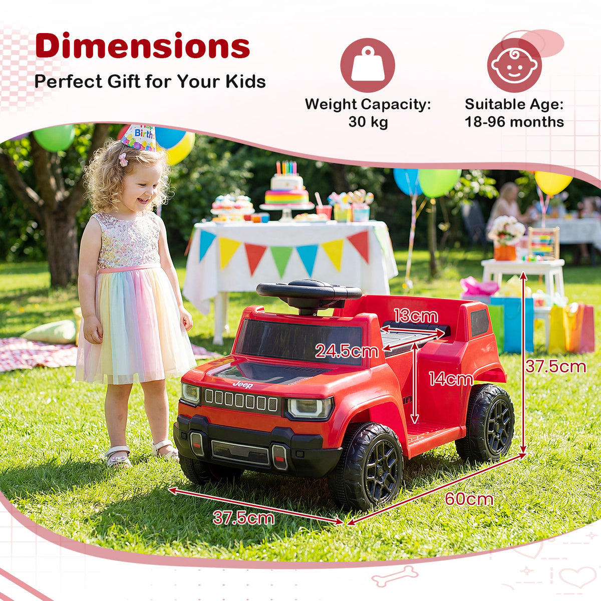 Dimensions diagram showing the red kids electric car with measurements and age suitability