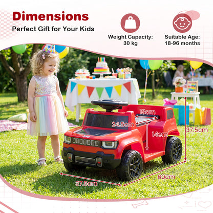 Dimensions diagram showing the red kids electric car with measurements and age suitability