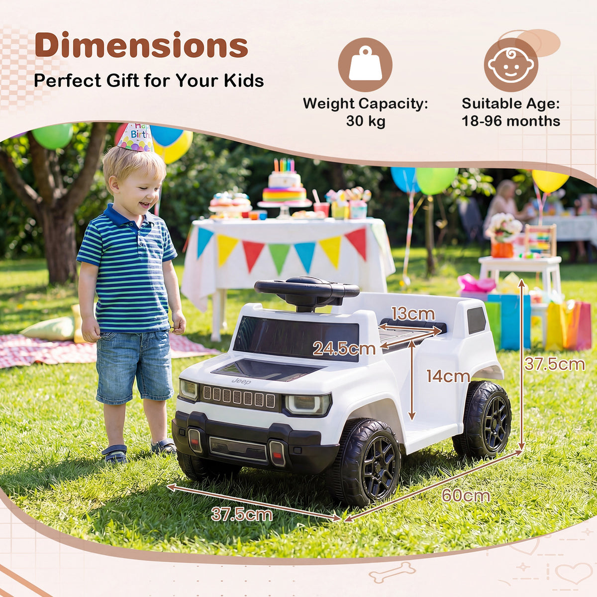 Dimensions diagram showing the white electric jeep car with measurements and age suitability