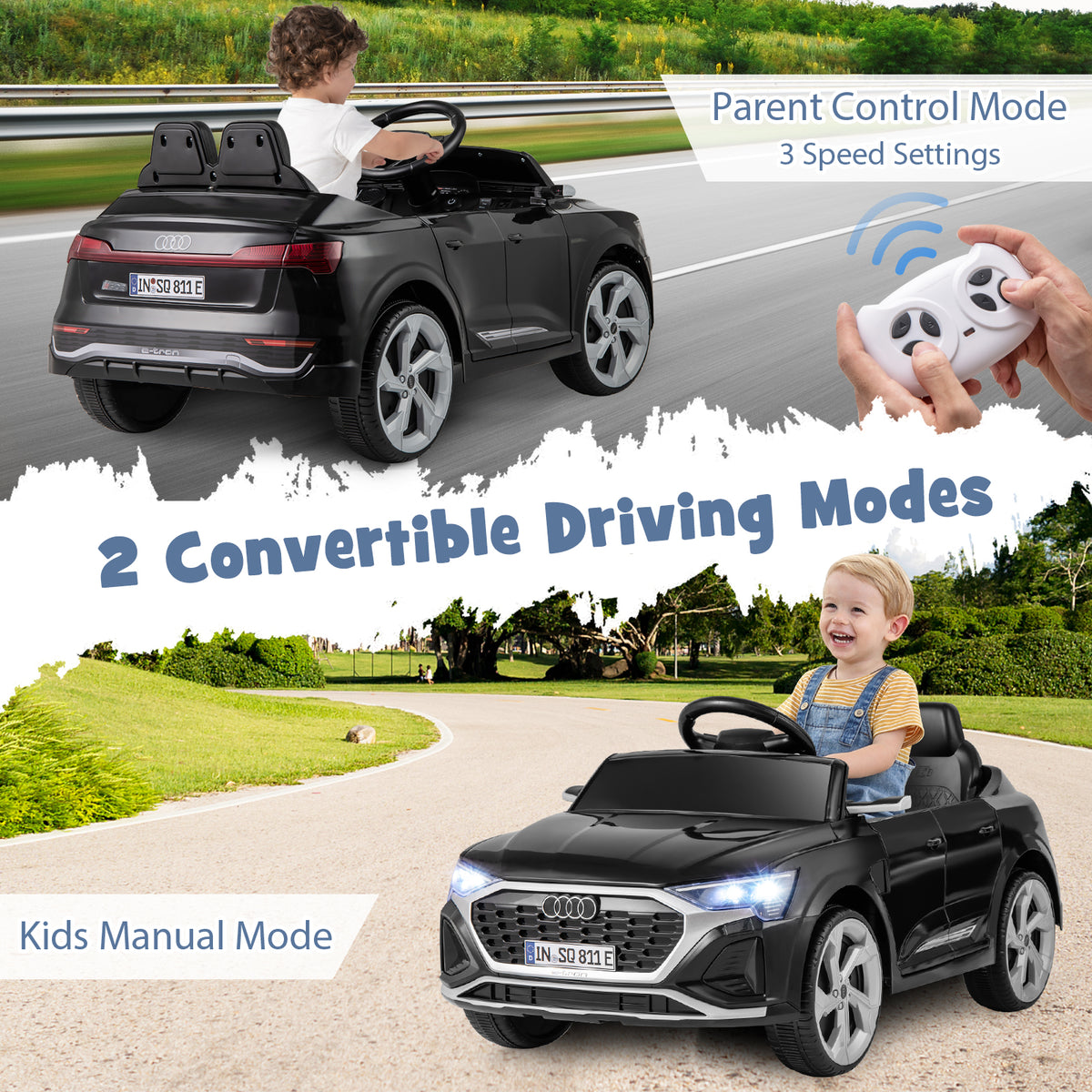 Two convertible driving modes for the black kids electric car, manual and parent control