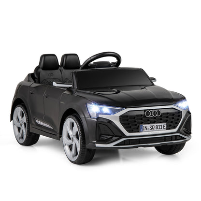 12V Kids Ride On Car in black, a front three-quarter view with the headlights on