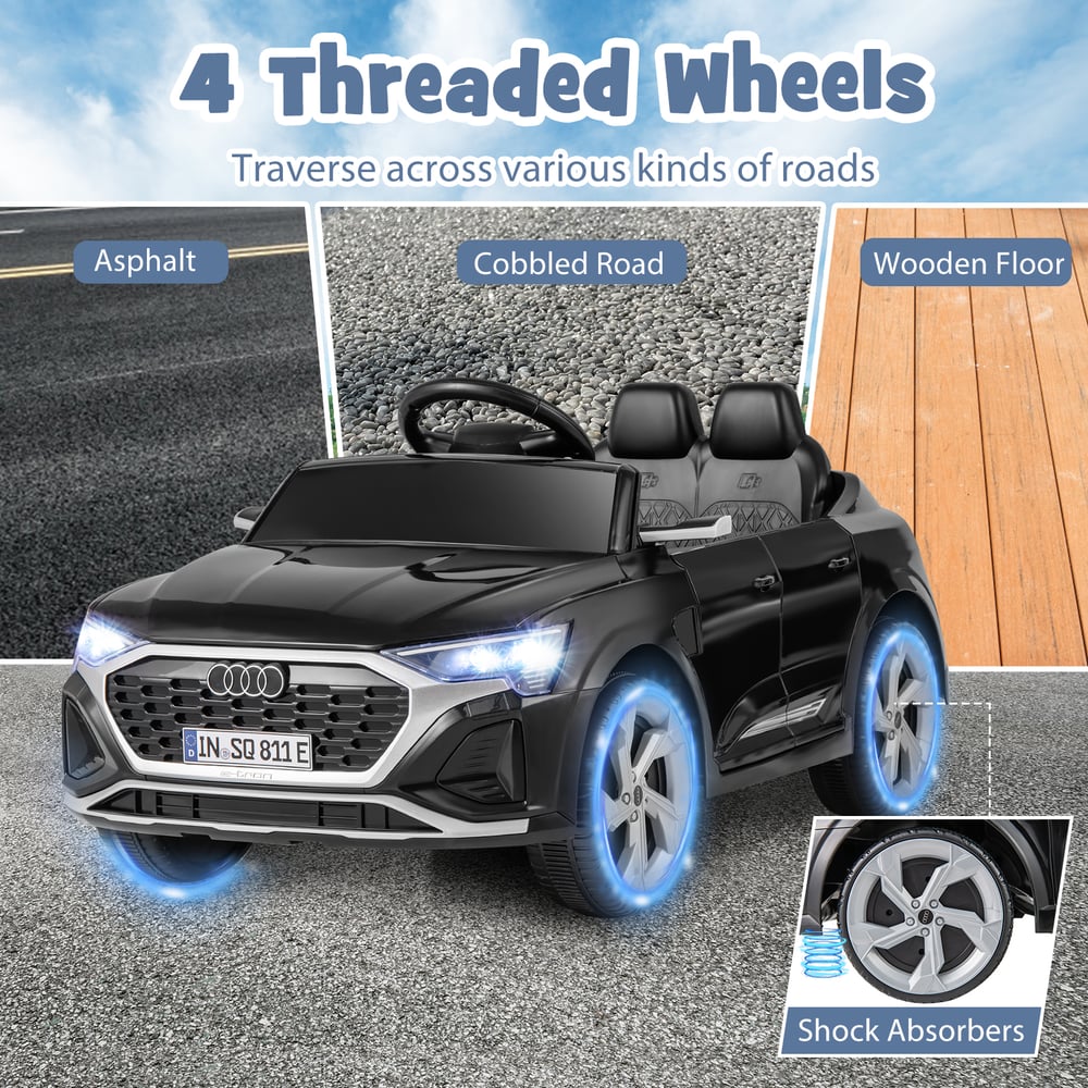 The black kids electric car driving on different surfaces, with illuminated wheels and suspension detail