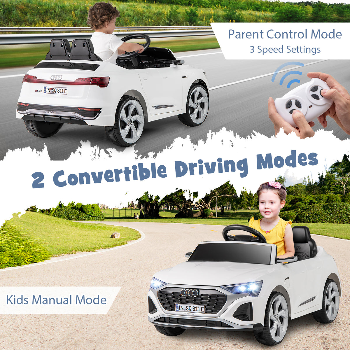 The electric car showing parent remote control mode and manual driving mode