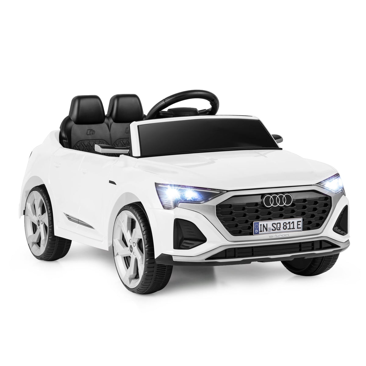 12V Kids Ride On Car in white with black seats and illuminated front headlights