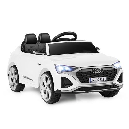 12V Kids Ride On Car in white with black seats and illuminated front headlights