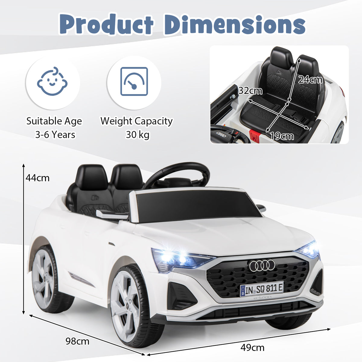 12V Kids Ride On Car, the electric car showing height and width dimensions with seat measurements