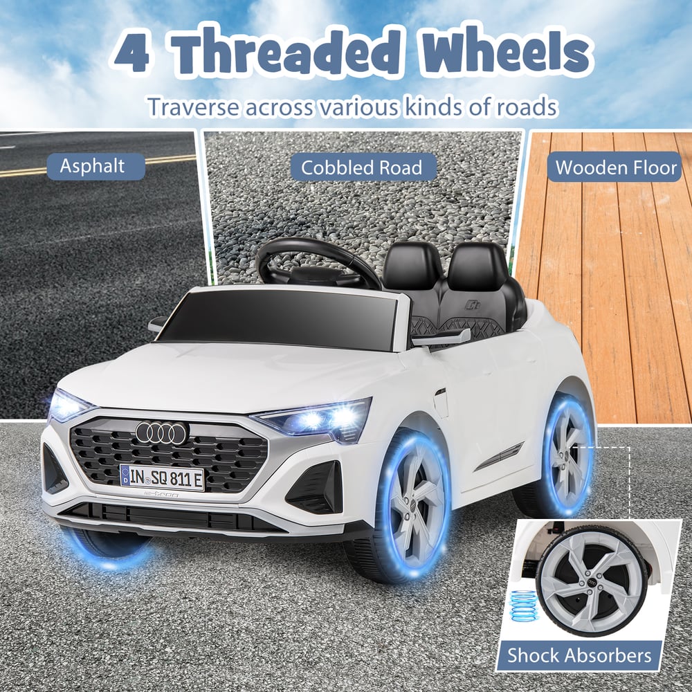 The electric car highlighting the four wheels and suspension system for different surfaces
