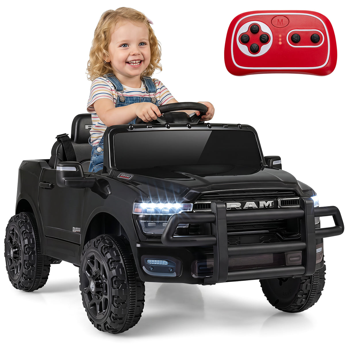 12V Kids Ride On Car with a child sitting inside and a red remote control shown above