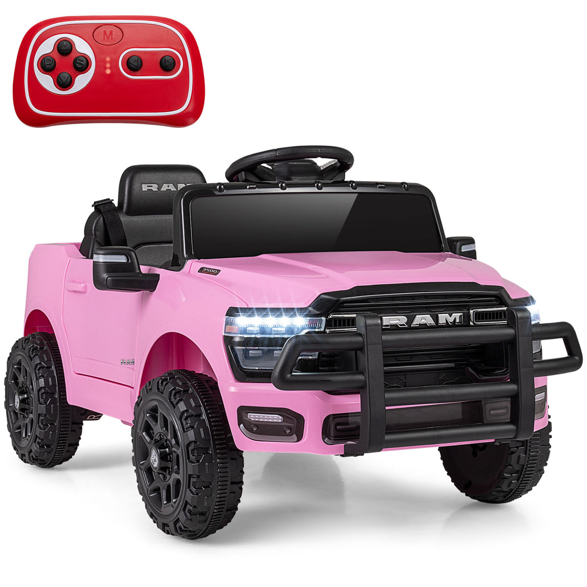 The pink kids electric car is shown from the front with its remote control