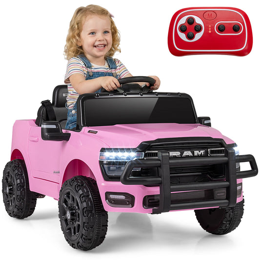 12V Kids Ride On Car in pink with a remote control and LED headlights