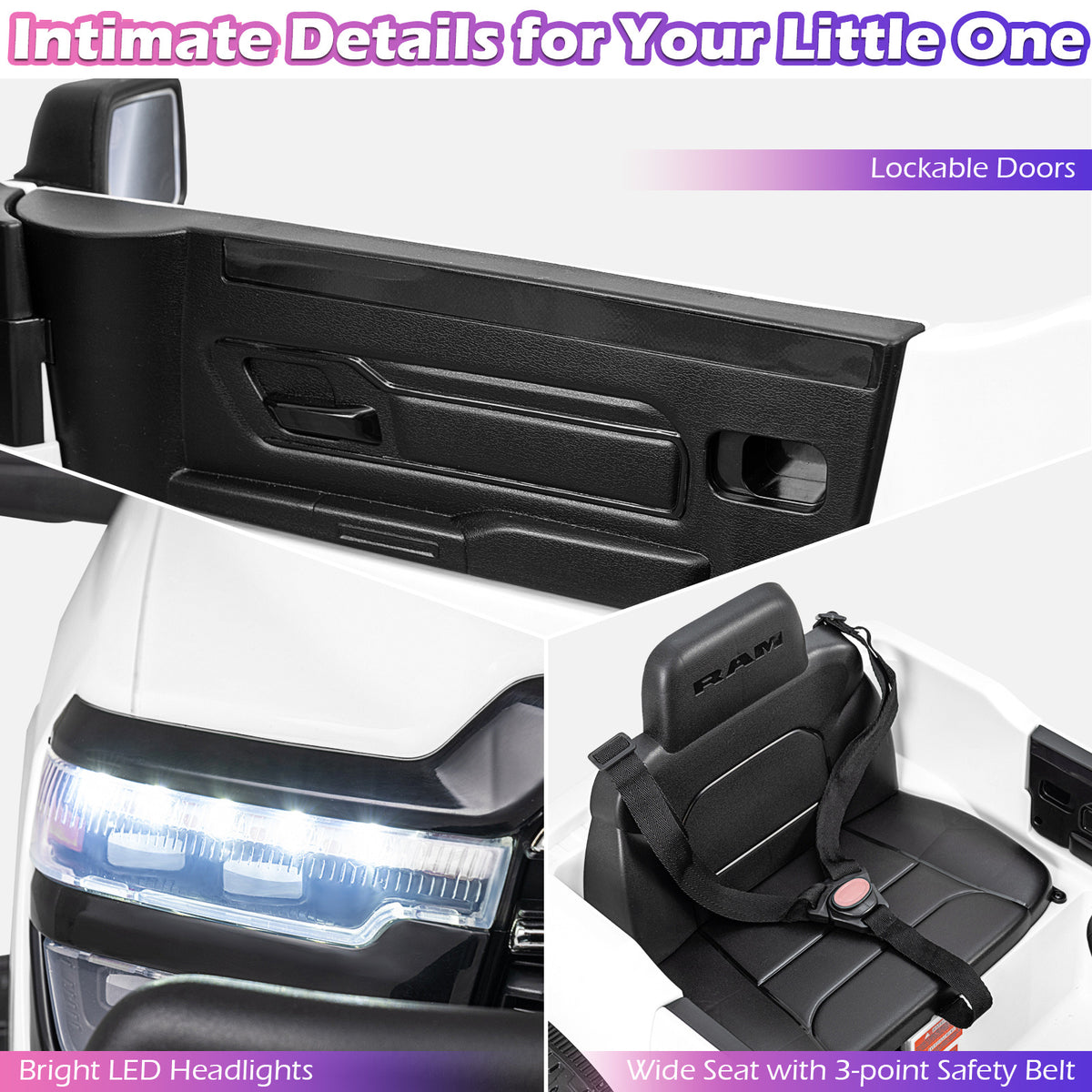 The white kids electric car showing the door, LED lights and safety seat