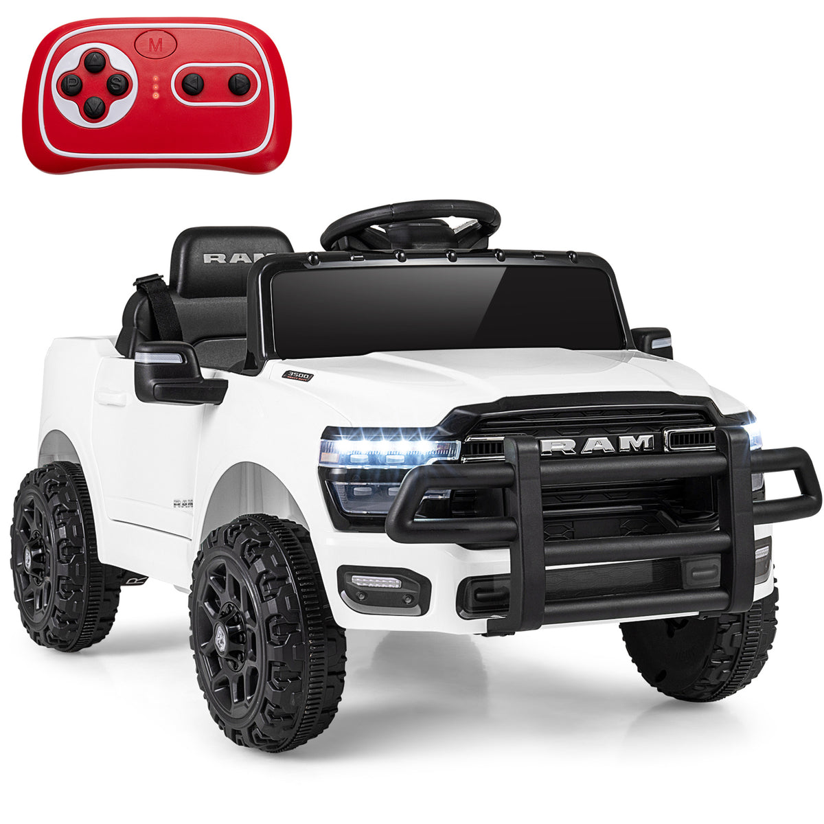 The kids electric car shown from the front with a red remote control positioned above it