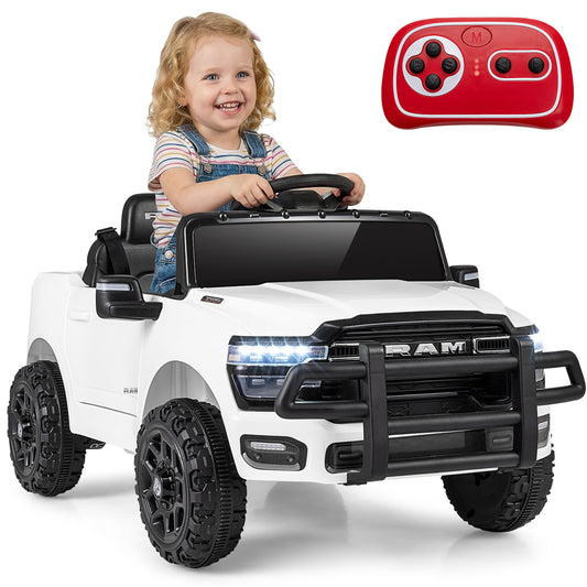 12V Kids Ride On Car with a child in the driver seat and a red remote control unit above