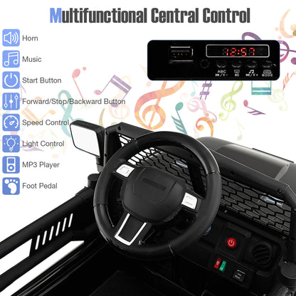 The kids electric car interior showing the steering wheel and music control panel