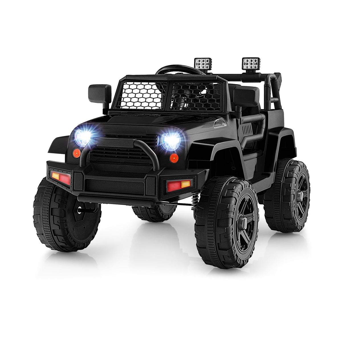 12V Kids Ride on Car in black with bright headlights and a roll bar on a white background