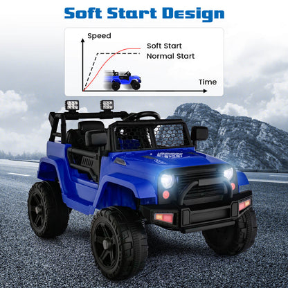 The navy kids electric car on a road with a graph showing its soft start speed progression
