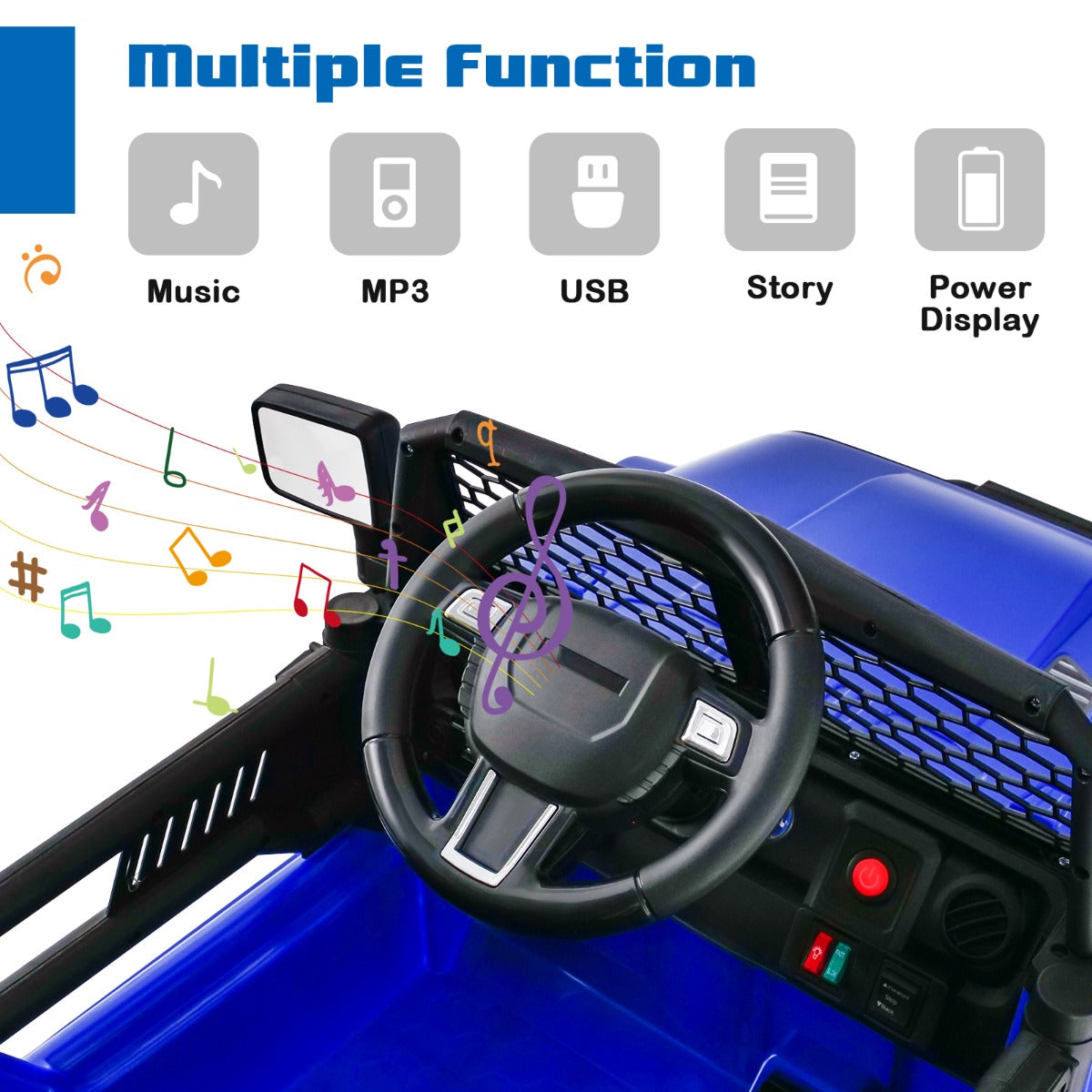 Close up of the steering wheel and dashboard with music note icons floating above