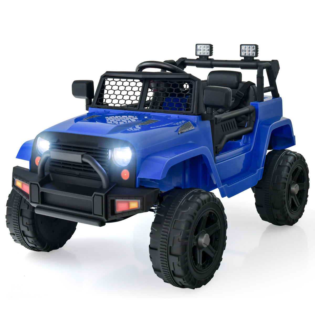 12V Kids Ride on Car with Remote Control and Music-Navy, a blue electric ride on jeep with black interior and large wheels