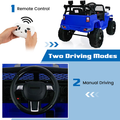 A hand holding a remote control for the blue kids electric car, with text about remote control and manual driving modes
