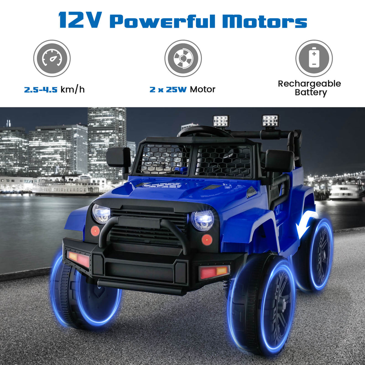 The navy kids electric car with glowing blue wheel rims against a city skyline background