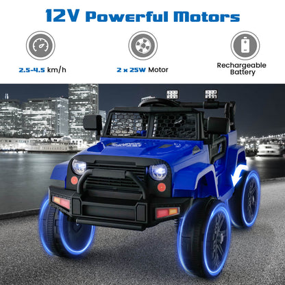 The navy kids electric car with glowing blue wheel rims against a city skyline background