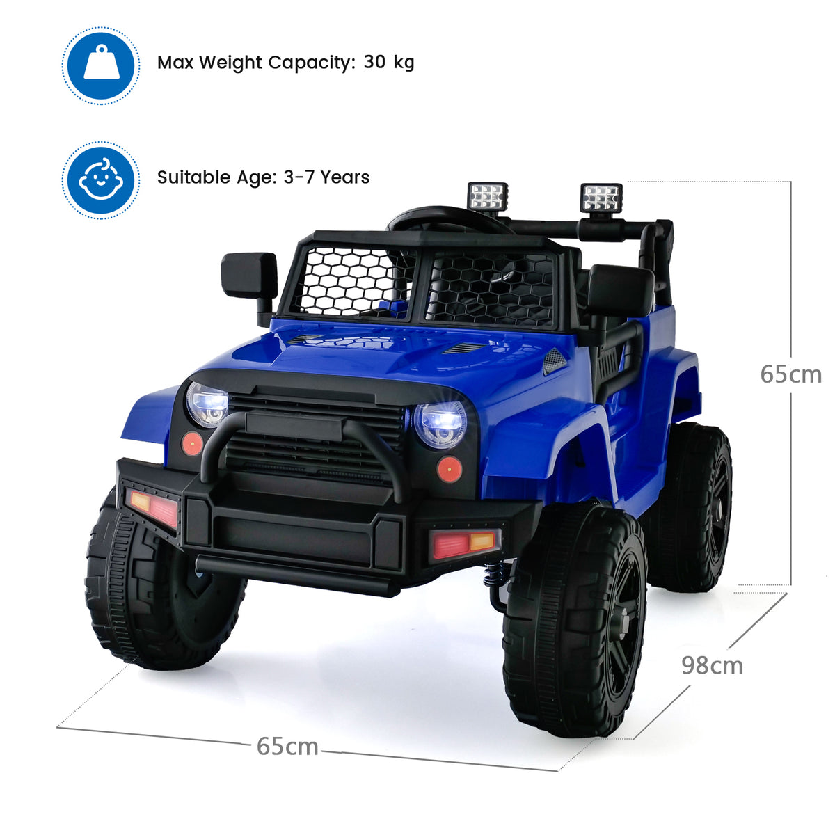 The navy kids electric car with lines indicating its height width and depth dimensions