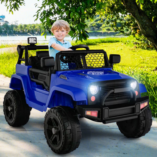 The navy kids electric car parked on a paved path with a child sitting in the driver seat