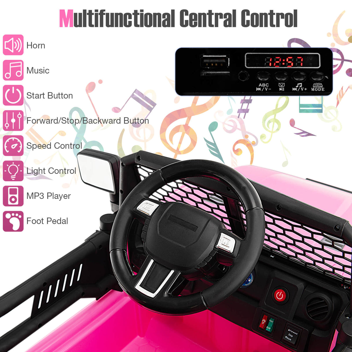 Close up of the steering wheel and dashboard showing the music player and control buttons