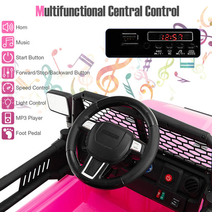 Close up of the steering wheel and dashboard showing the music player and control buttons