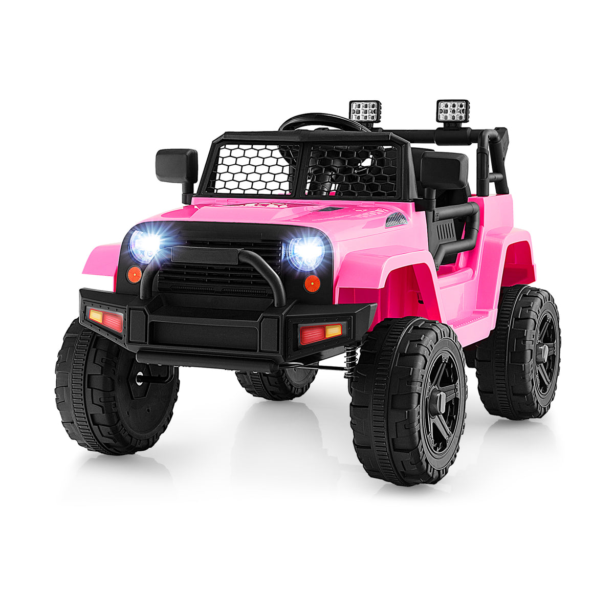 12V Kids Ride on Car in bright pink with black details and illuminated front headlights